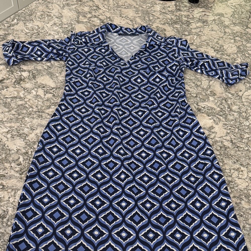 Katherine Way Blue Geometric V-Neck Midi Dress